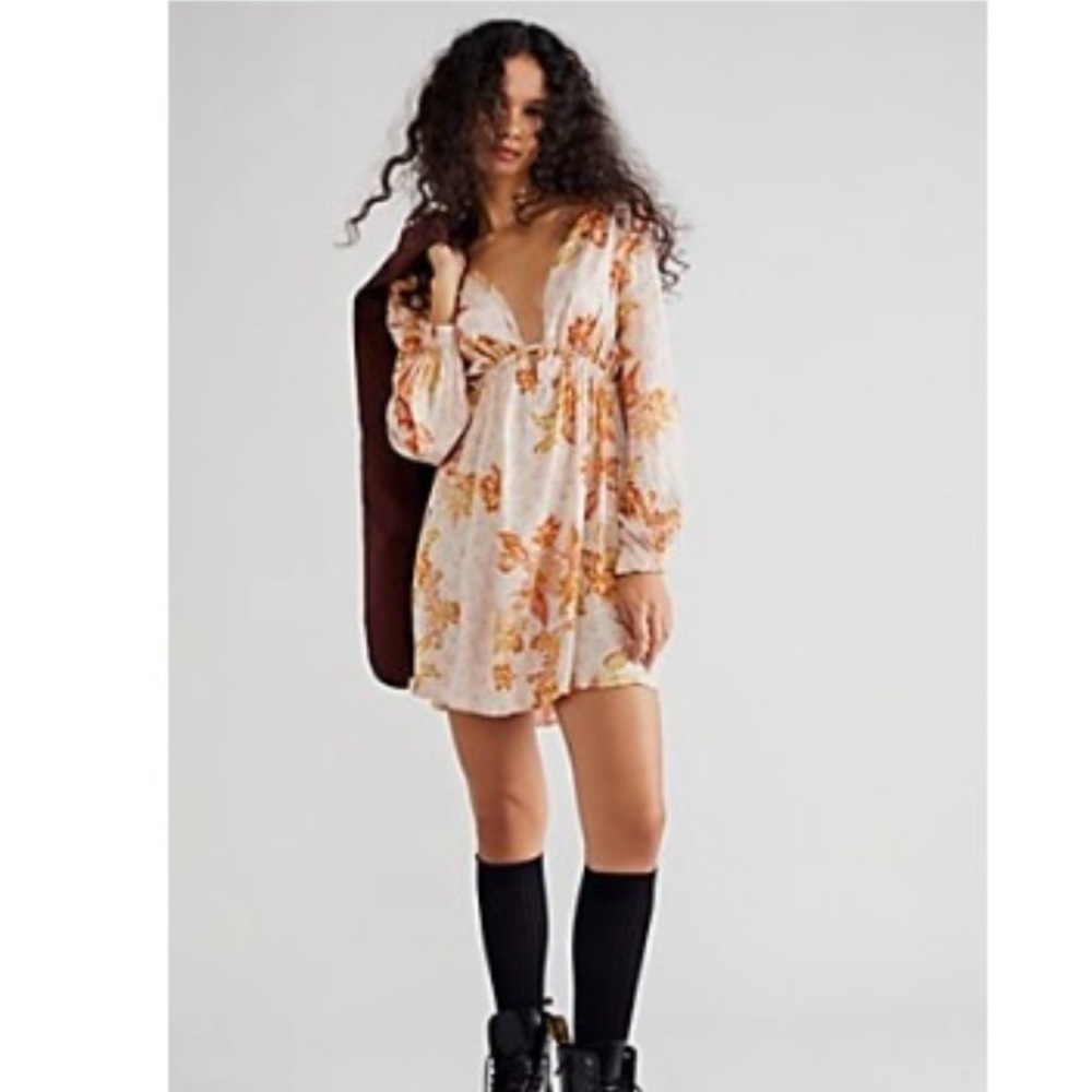 Free People Orange Cream Plunge Sundress with Bishop Sleeves